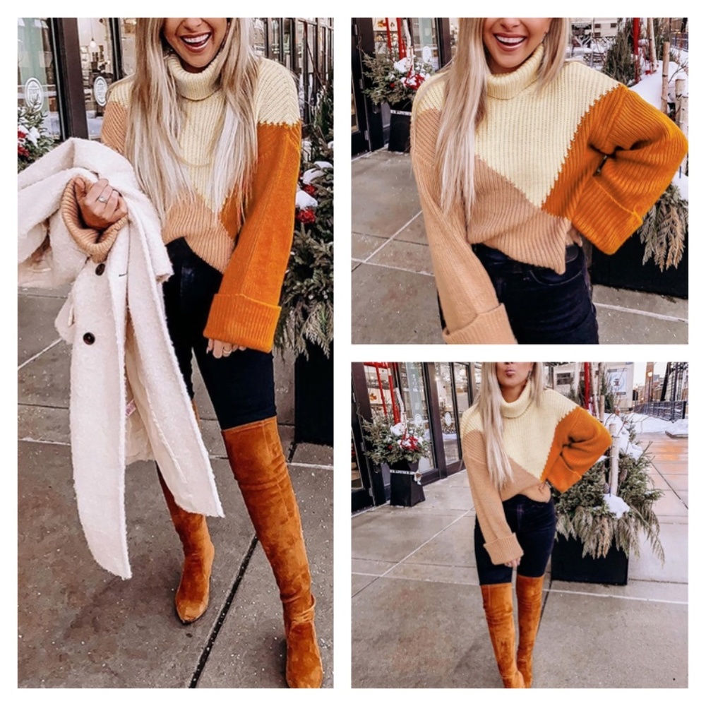 Colorblock Trutleneck Sweater Orange Beige - Picture 13 of 16